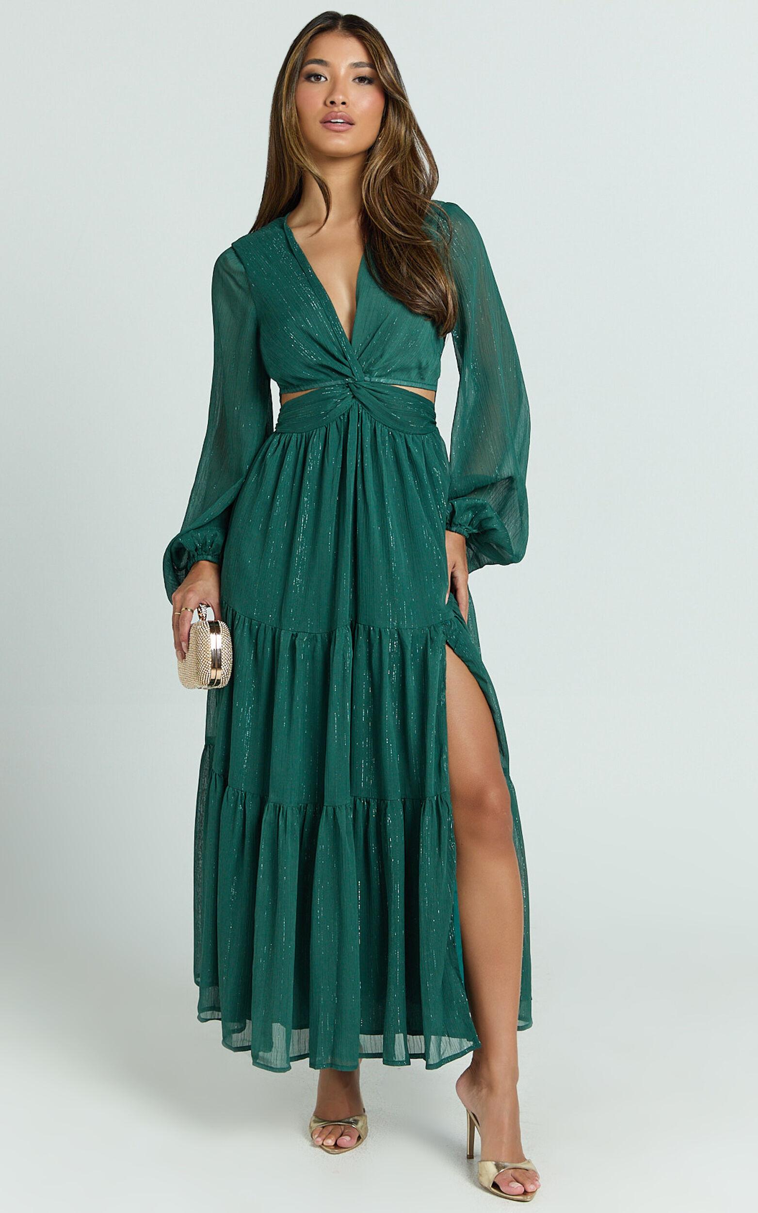 Edelyn Midi Dress - Cut Out Balloon Sleeve Tiered Dress in Emerald Product Image