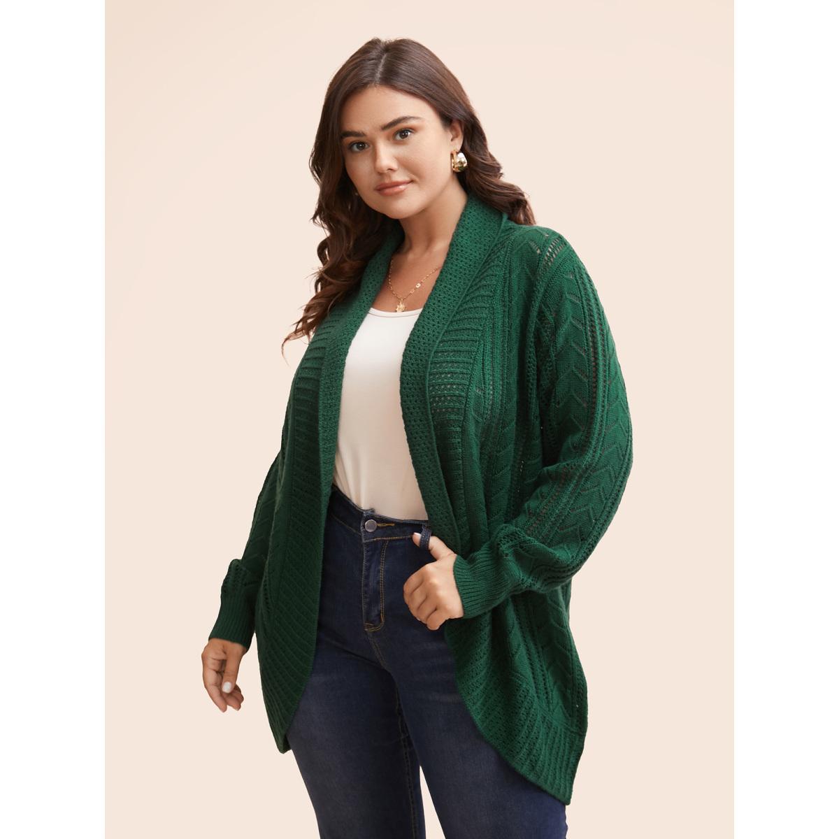 Plus Size Kimono Collar Cable Knit Arc Hem Cardigan DarkGreen Women Casual Loose Long Sleeve Everyday Cardigans BloomChic 28/5X Product Image