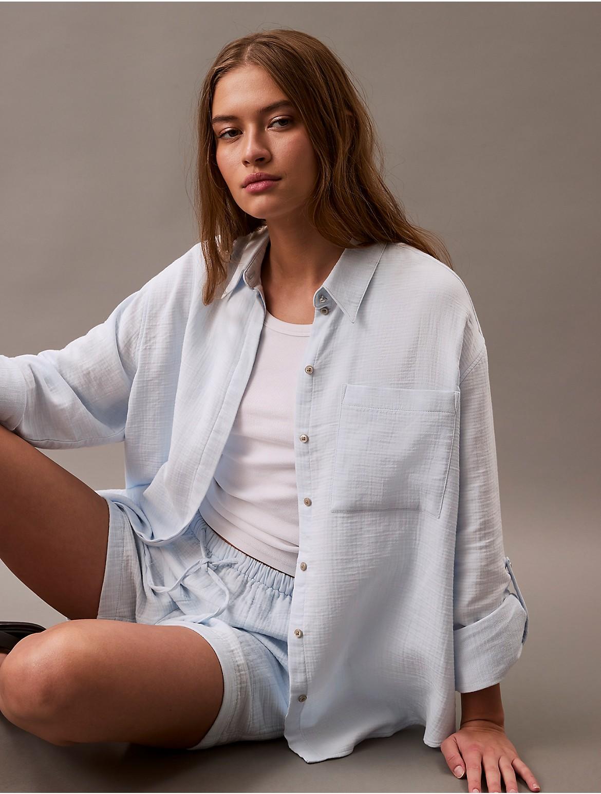 Calvin Klein Womens Double Gauze Roll Tab Button-Down Shirt - White Product Image