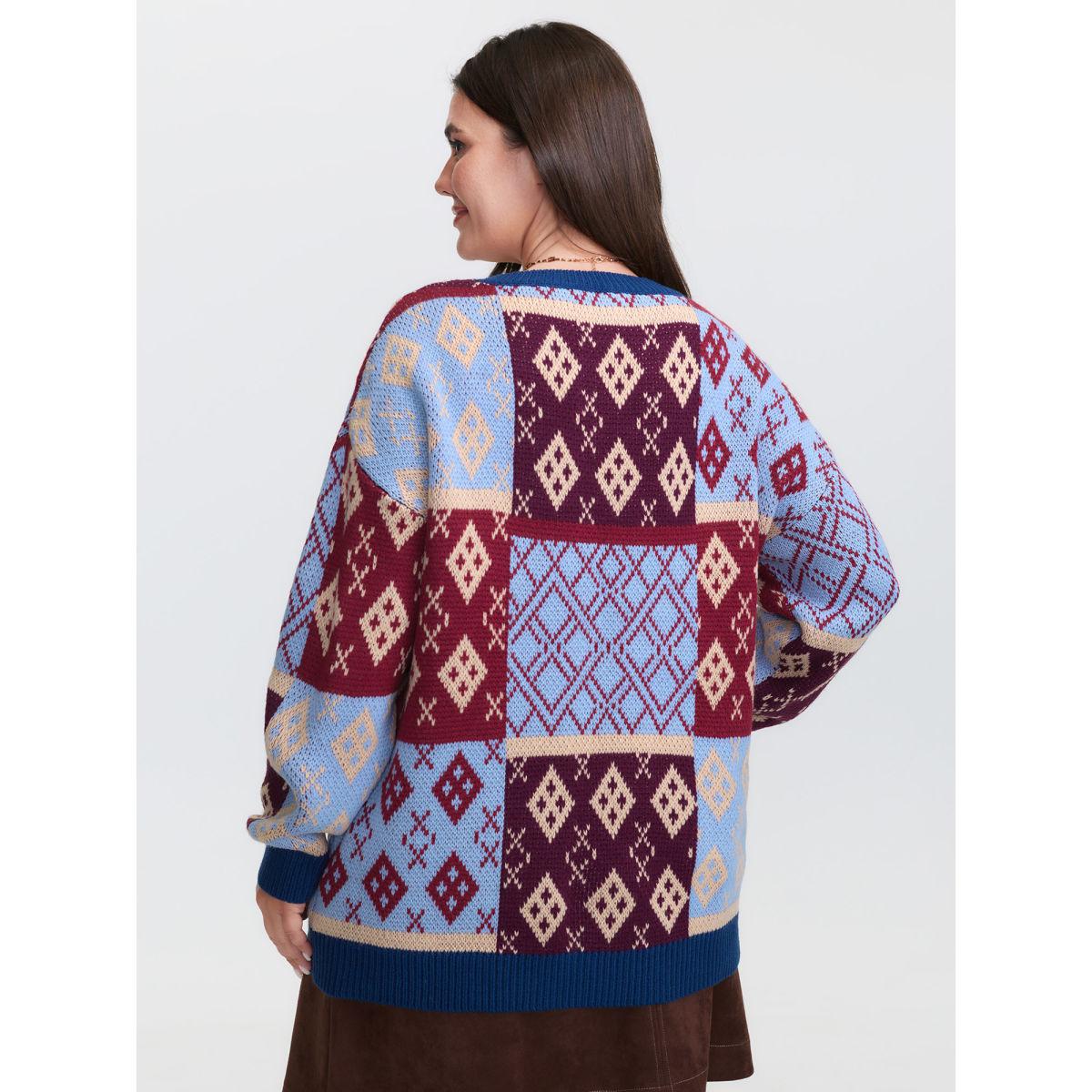 Plus Size Retro Pattern Jacquard Color Block Pullover Indigo Women Boho Loose Long Sleeve Round Neck Vacation Pullovers BloomChic 22-24/3X Product Image