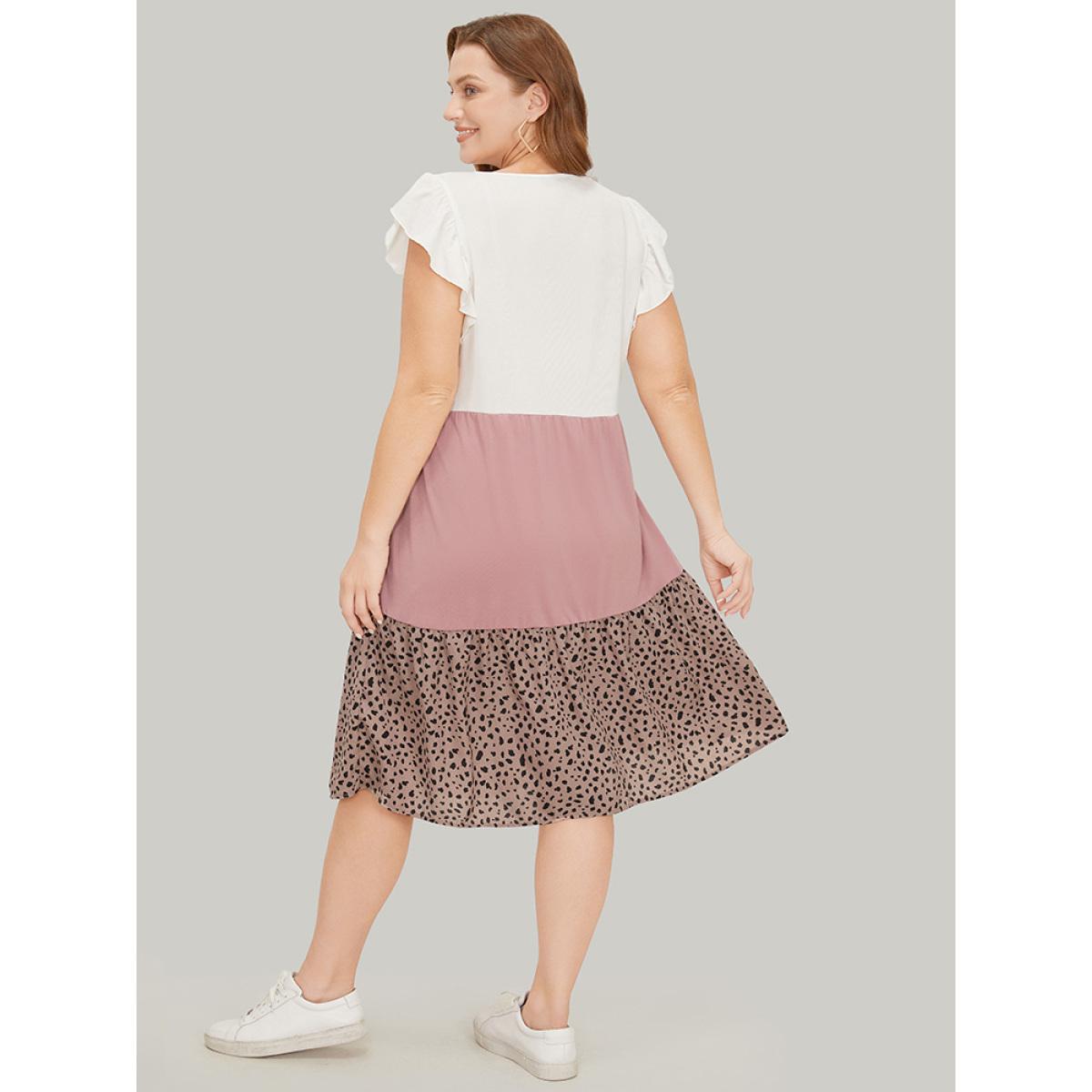 Plus Size Leopard Contrast Ruffle Trim Pocket Layered Hem Dress Multicolor Women Casual Patchwork Round Neck Cap Sleeve Curvy Midi Dress BloomChic 26/4X Product Image