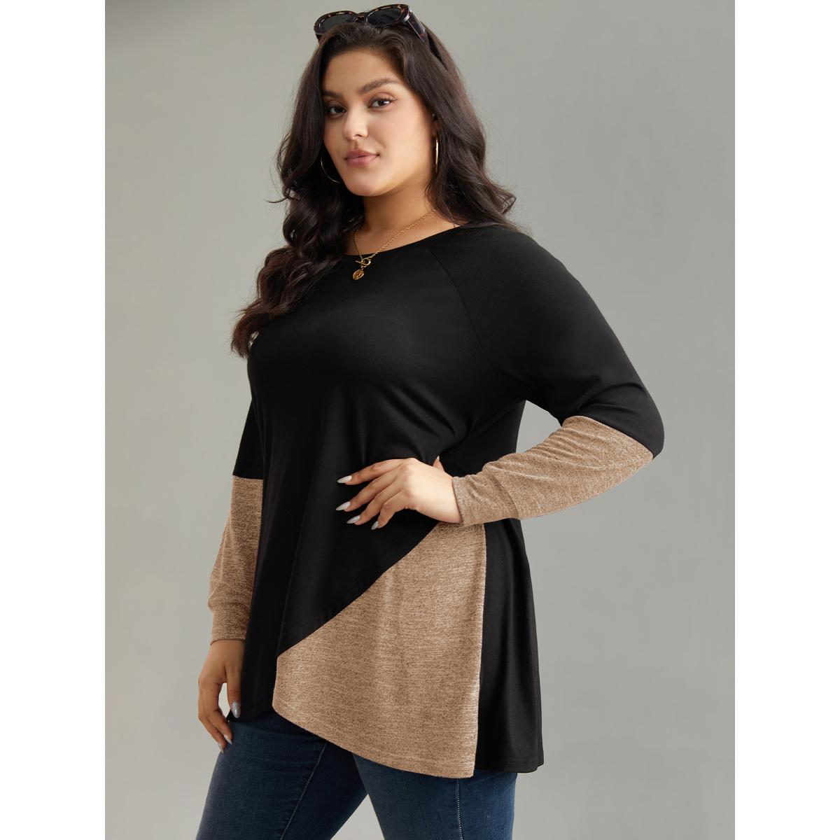 Plus Size Two Tone Patchwork Heather Arc Hem T-shirt Tan Women Casual Contrast Plain Round Neck Dailywear T-shirts BloomChic 22-24/3X Product Image