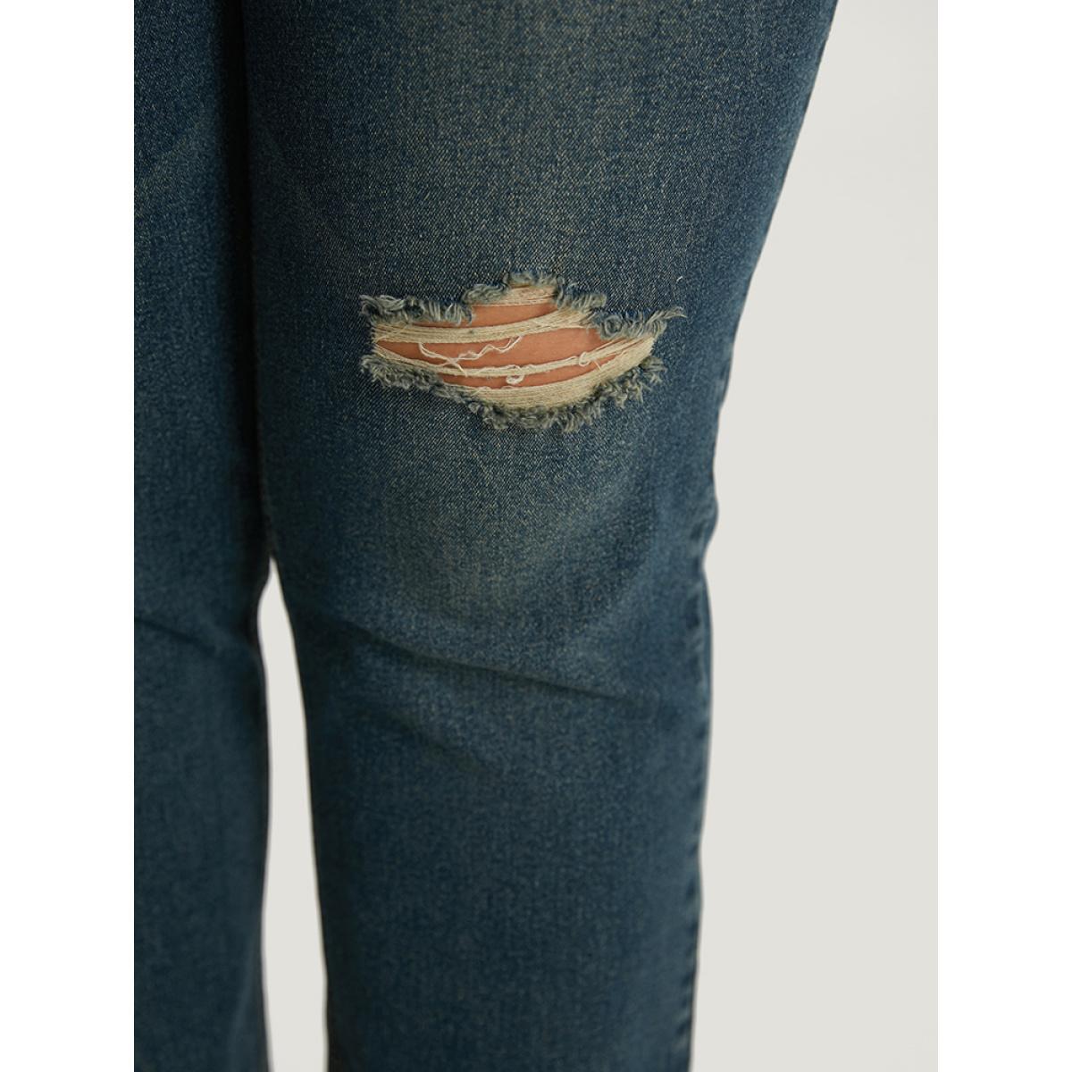 Plus Size Solid Ripped Roll Hem Pocket Straight Leg Jeans Women Indigo Casual Plain Plain High stretch Pocket Jeans BloomChic 10/M Product Image