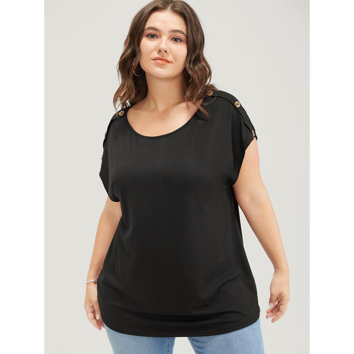 Plus Size Solid Button Detail Round Neck Batwing Sleeve T-shirt Black Women Casual Plain Round Neck Dailywear T-shirts BloomChic 12/L Product Image