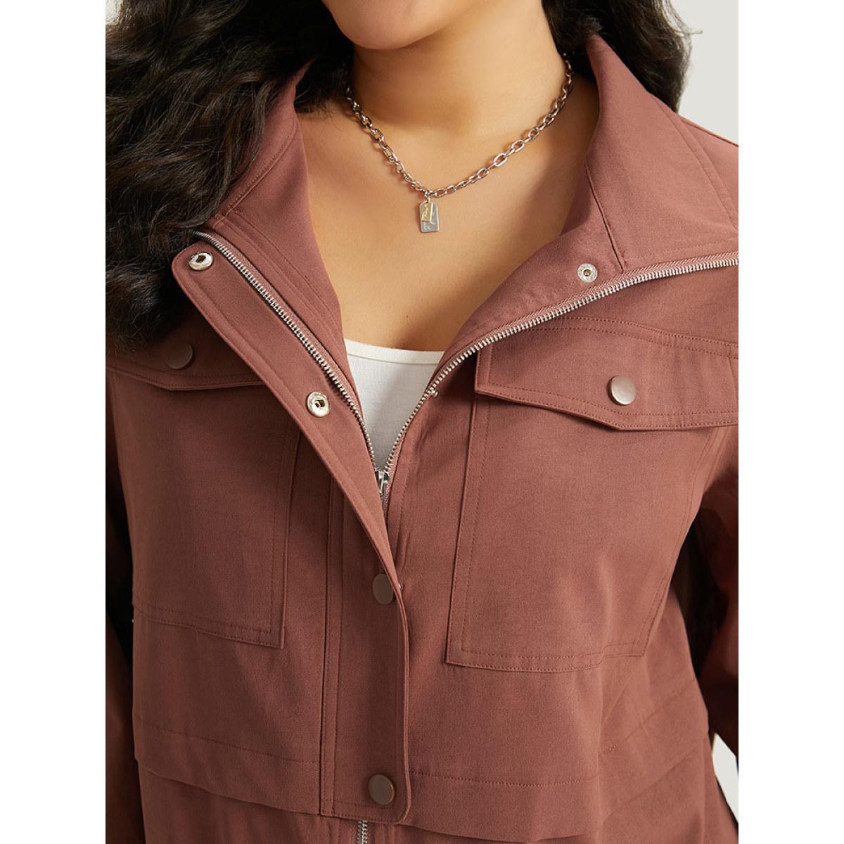 Plus Size Halloween Plain Flap Pocket Shirred Drawstring Zipper Fly Jacket Women Russet Elastic cuffs Pocket Dailywear Jackets BloomChic 26/4X Product Image