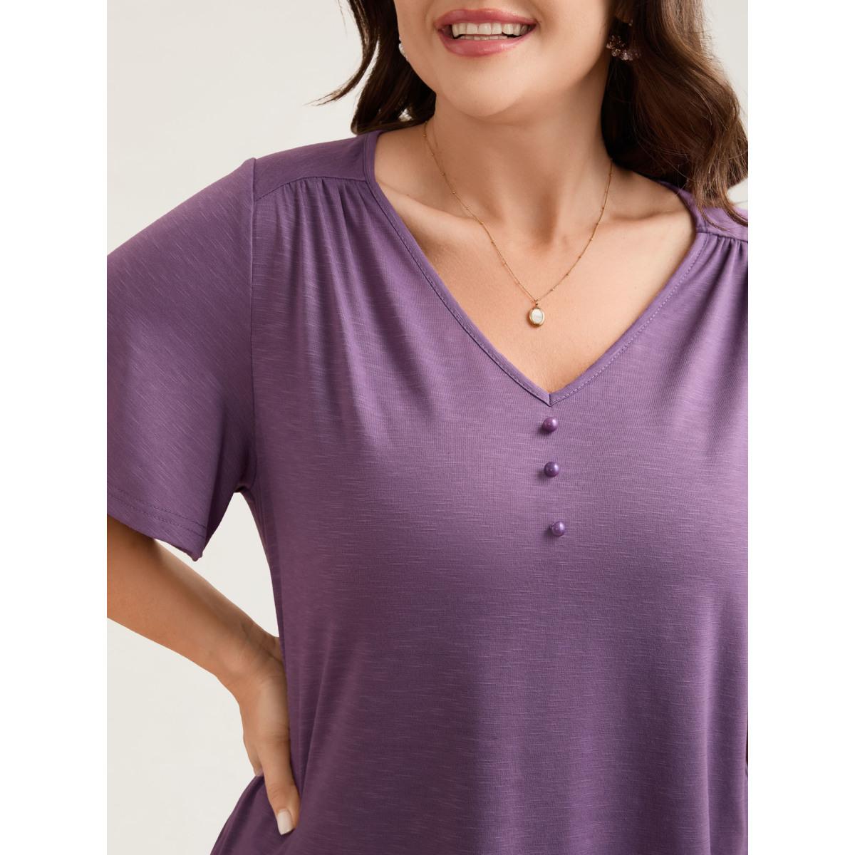 Plus Size Bamboo Textured Pleated Shoulder Button T-Shirt Mauve Women Timeless Gathered V-neck Elegant T-shirts BloomChic 30/6X Product Image