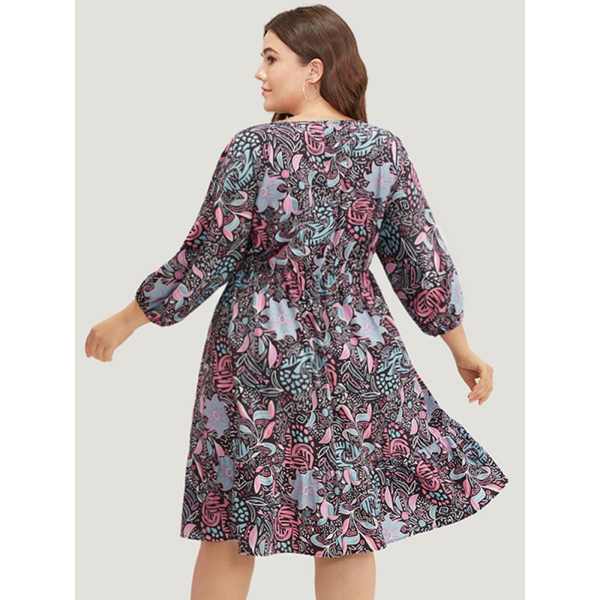 Plus Size Floral Print Lantern Sleeve Elastic Waist Dress Multicolor Women Vacation Elastic cuffs V-neck Elbow-length sleeve Curvy Midi Dress BloomChic 12/L Product Image