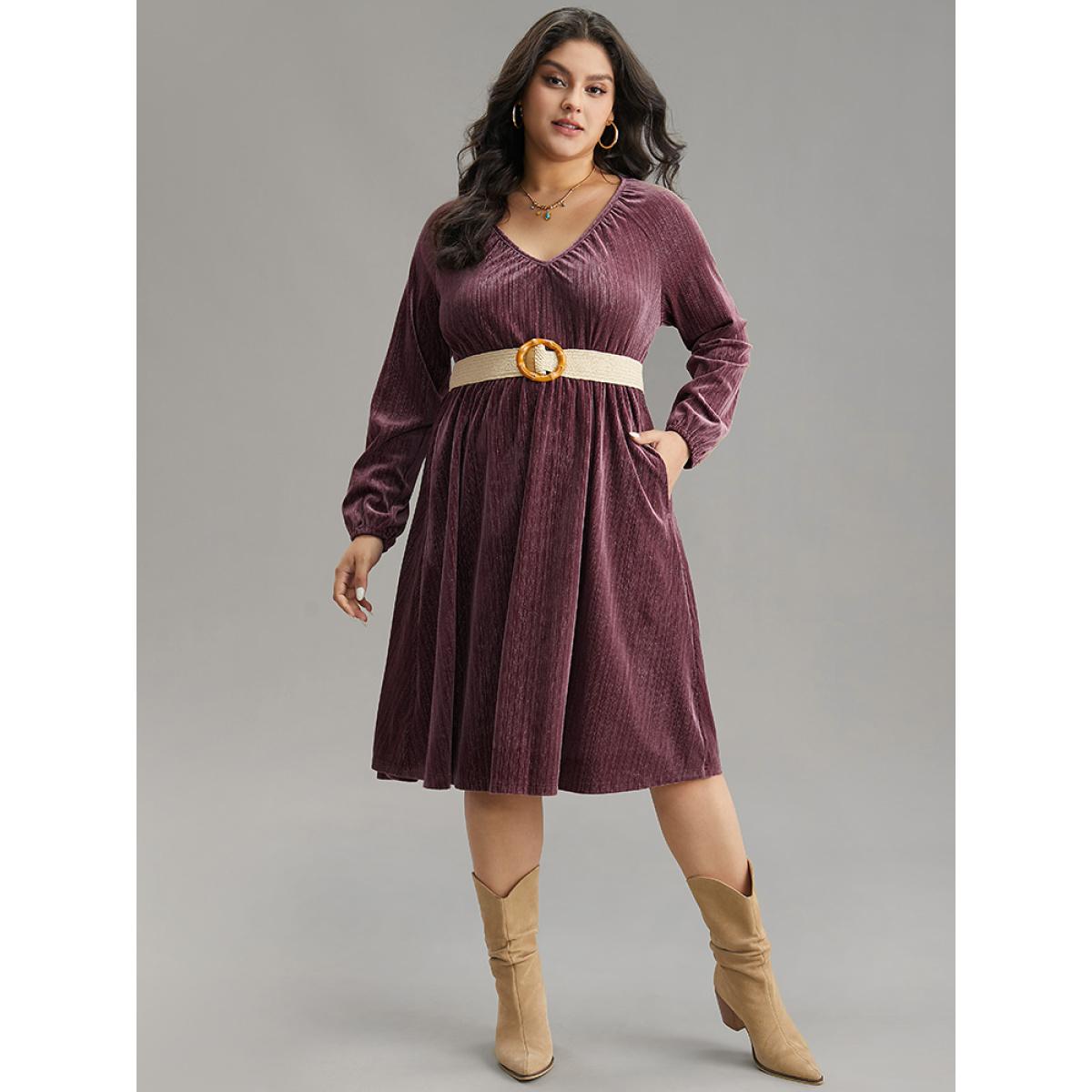 Plus Size Plain Velvet Gathered Elastic Waist Dress DustyPink Women Vacation Elastic cuffs V-neck Long Sleeve Curvy Midi Dress BloomChic 12/L Product Image