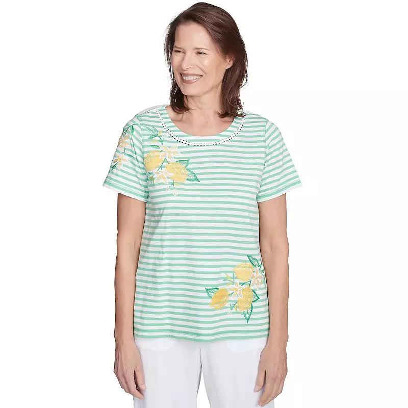 Petite Alfred Dunner Lemon Printed Striped Tee, Womens Green Product Image