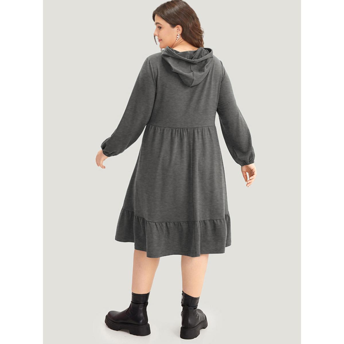 Plus Size Hooded Lantern Sleeve Flutter Hem Dress DimGray Women Casual Elastic cuffs Hooded Long Sleeve Curvy Midi Dress BloomChic 14-16/1X Product Image