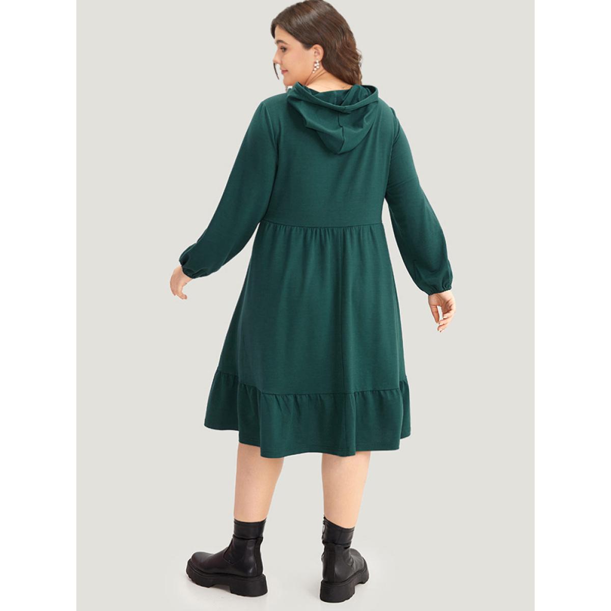 Plus Size Hooded Lantern Sleeve Flutter Hem Dress Indigo Women Casual Elastic cuffs Hooded Long Sleeve Curvy Midi Dress BloomChic 30/6X Product Image