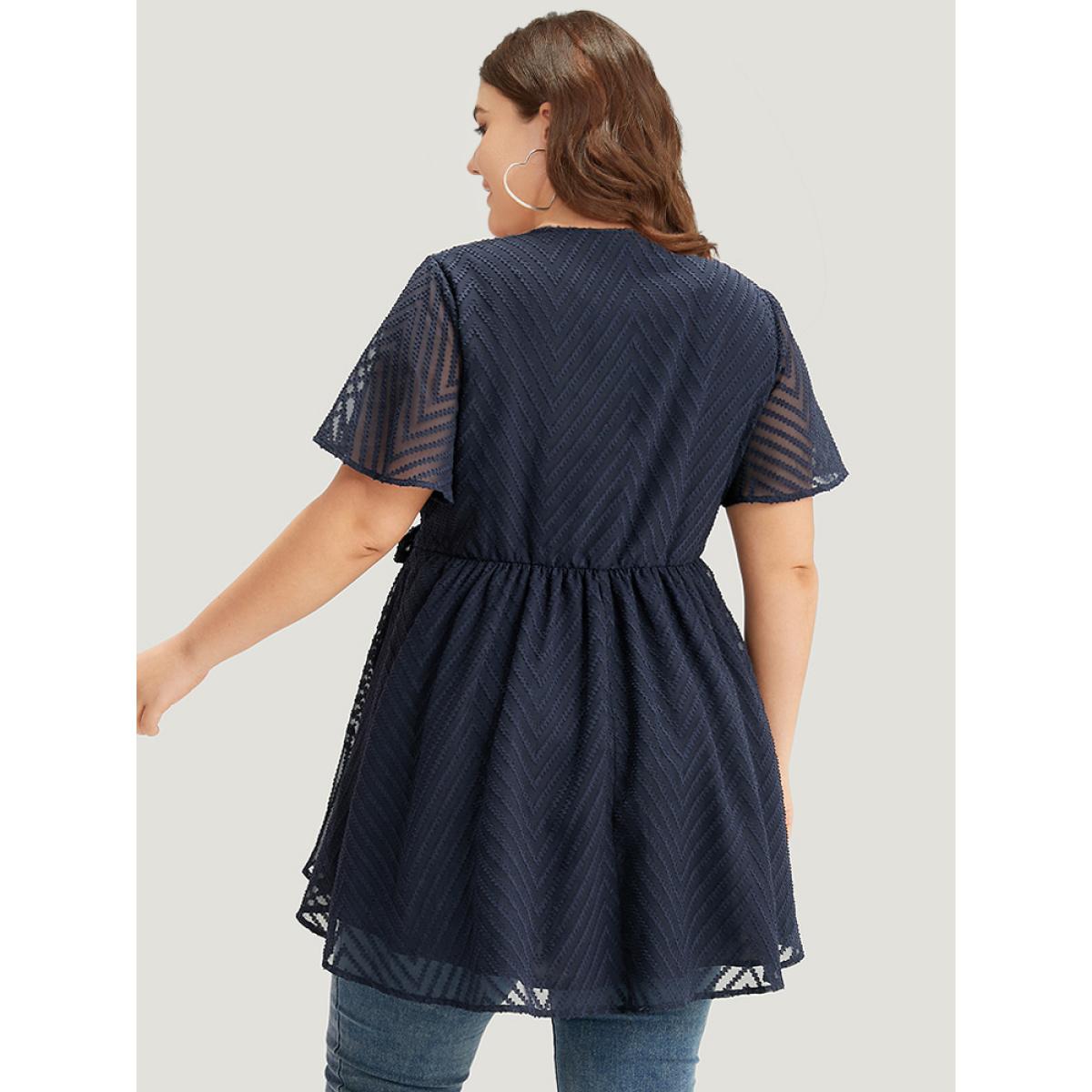 Plus Size Indigo Plain Textured Belted Wrap Mesh Flutter Sleeve Blouse Women Elegant Short sleeve V-neck Dailywear Blouses BloomChic 28/5X Product Image