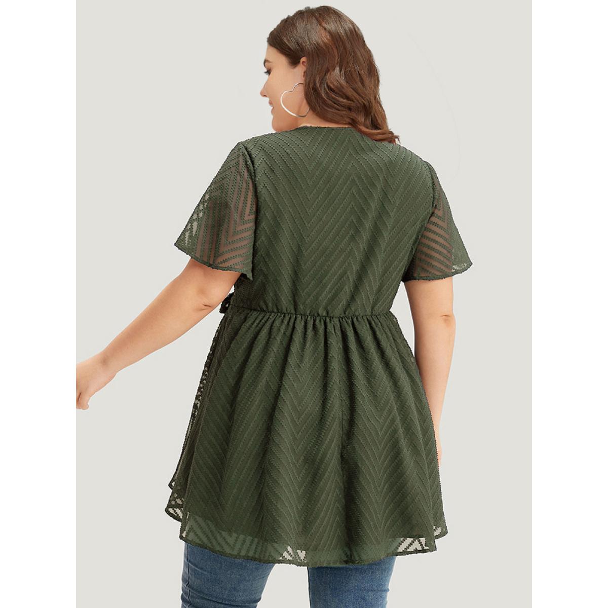 Plus Size ArmyGreen Plain Textured Belted Wrap Mesh Flutter Sleeve Blouse Women Elegant Short sleeve V-neck Dailywear Blouses BloomChic 12/L Product Image