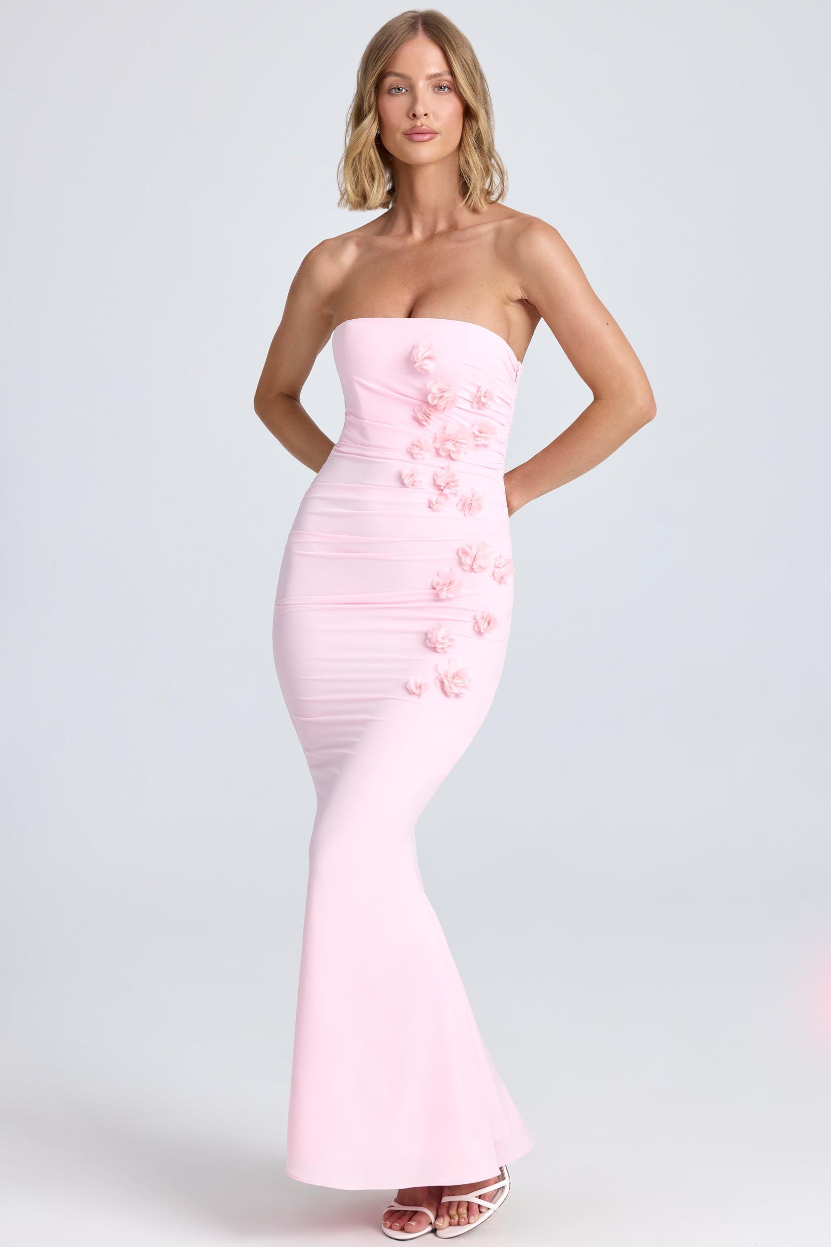 Draped Floral-Appliqué Maxi Dress in Blush Product Image
