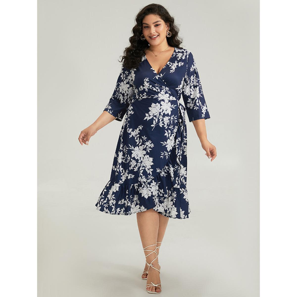 Plus Size Silhouette Floral Print Ties Wrap Dress Indigo Women Elegant Cross straps V-neck Elbow-length sleeve Curvy Midi Dress BloomChic 26/4X Product Image