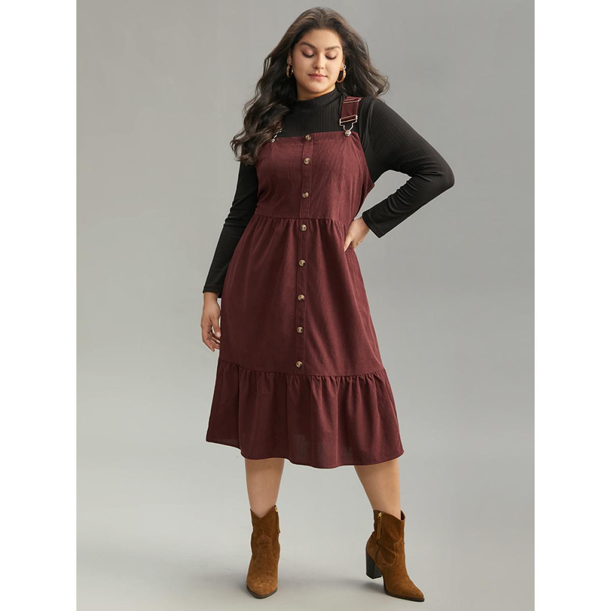 Plus Size Corduroy Button Detail Ruffles Adjustable Straps Dress Chocolate Women Casual Adjustable Straps Spaghetti Strap Sleeveless Curvy Midi Dress BloomChic 22-24/3X Product Image