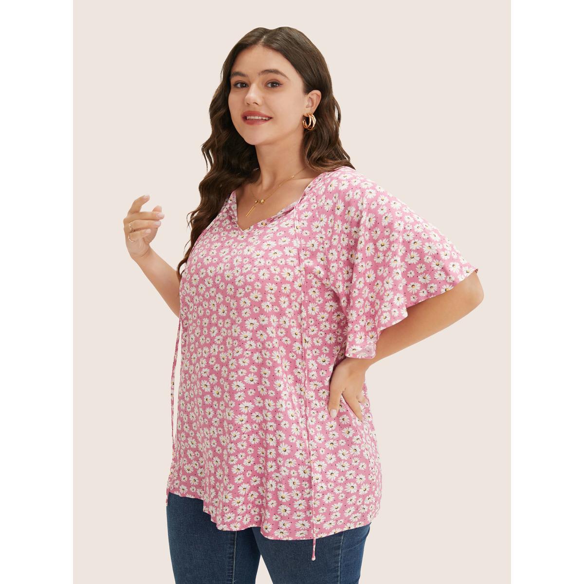 Plus Size Pink Ditsy Floral Ruffle Sleeve Tie Neck Blouse Women Elegant Short sleeve V-neck Everyday Blouses BloomChic 26/4X Product Image