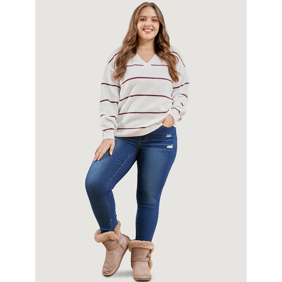 Plus Size Striped Contrast Super Soft Plush Knit V Neck Knit Top Ivory Women Casual Loose Long Sleeve V-neck Dailywear Pullovers BloomChic 28/5X Product Image