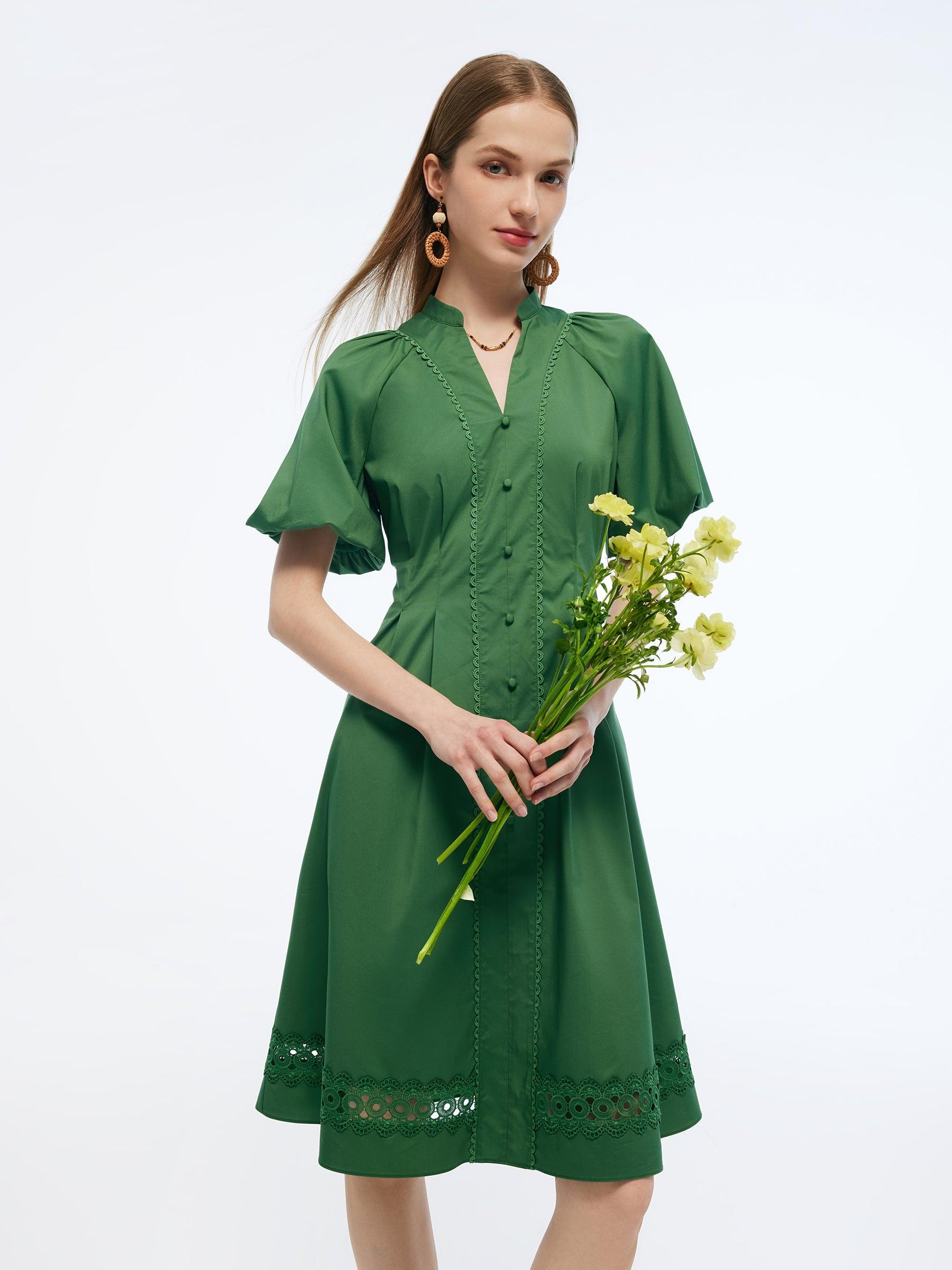 Gathered Waist Puff Sleeve Women Midi Dress Product Image