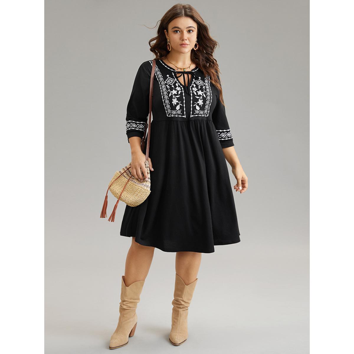 Plus Size Bandana Embroidered Tie Neck Gathered Dress Black Women Vacation Gathered Tie Neck Elbow-length sleeve Curvy Knee Dress BloomChic 26/4X Product Image
