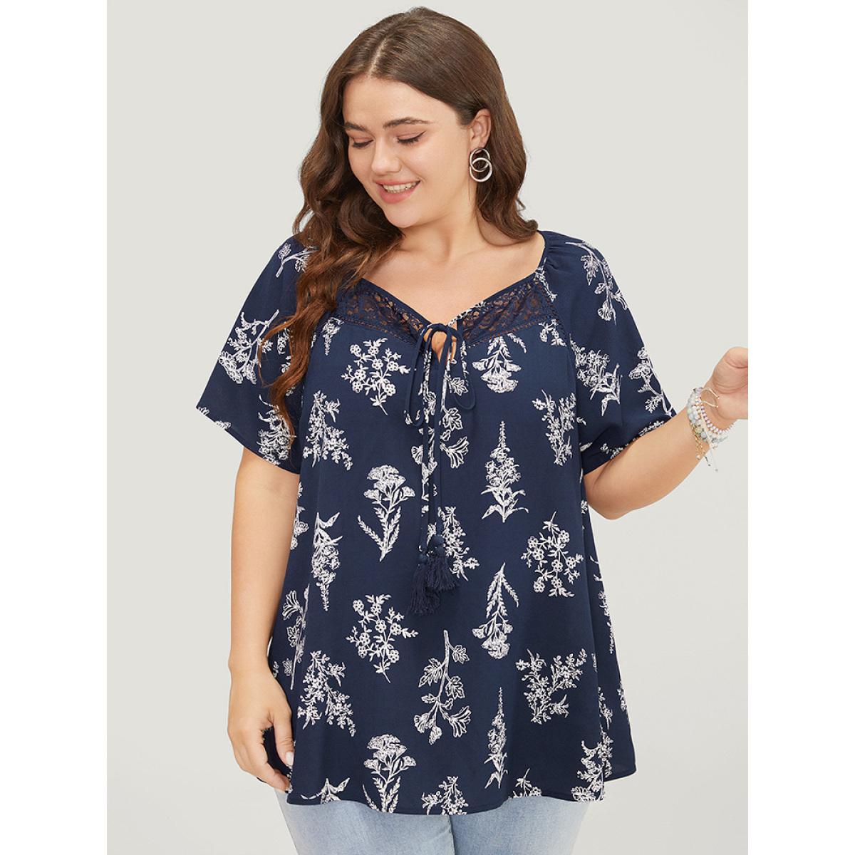 Plus Size Indigo Floral Tassels Tie Neck Contrast Lace Blouse Women Elegant Short sleeve Tie Neck Dailywear Blouses BloomChic 28/5X Product Image