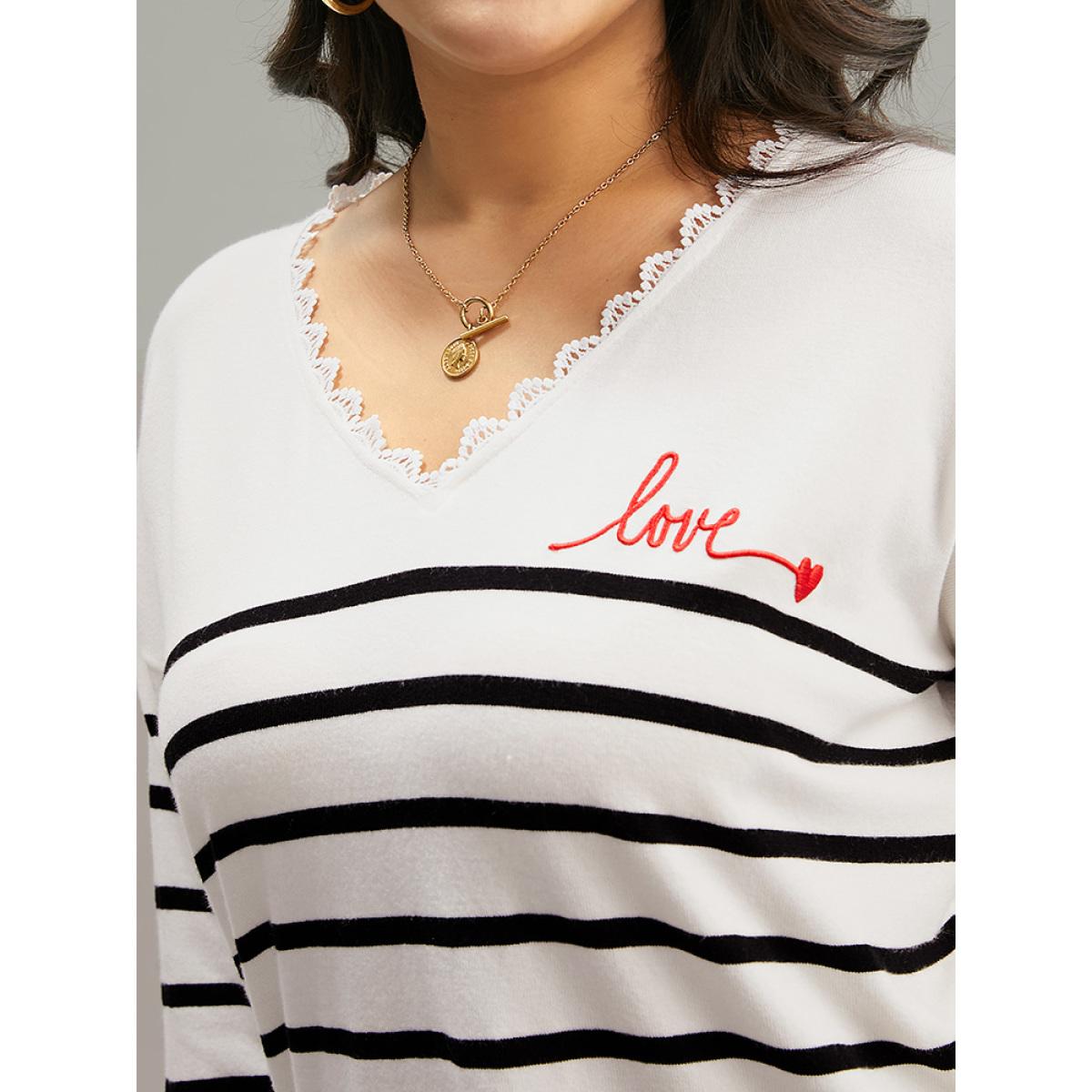 Plus Size Supersoft Essentials Striped Letter Embroidered Lace Panel Pullover Beige Women Casual Loose Long Sleeve V-neck Dailywear Pullovers BloomChic 26/4X Product Image