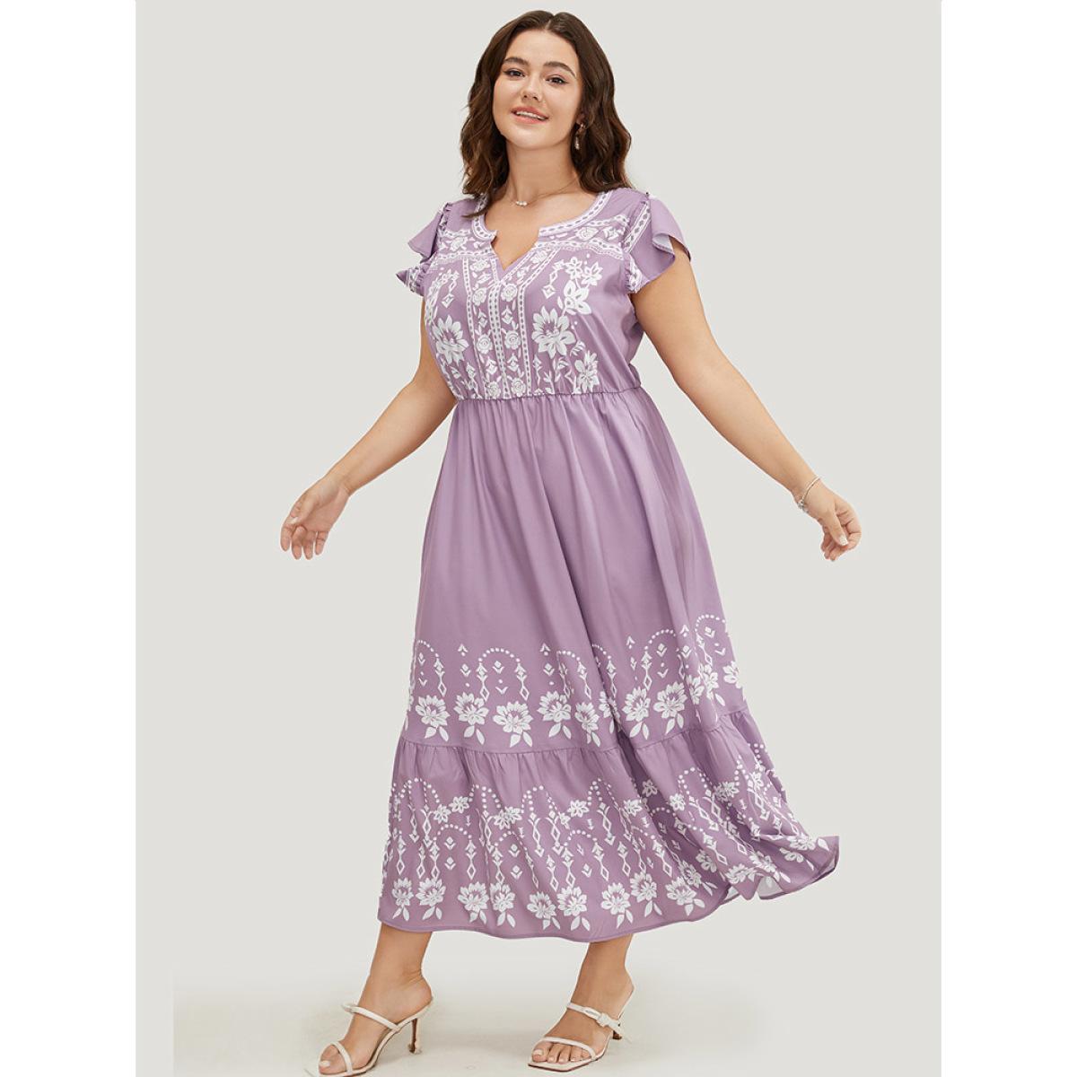 Plus Size Bandana Cap Sleeve Notched Neck Pocket Flutter Hem Dress Mauve Women Vacation Elastic Waist Notched collar Cap Sleeve Curvy Midi Dress BloomChic 30/6X Product Image