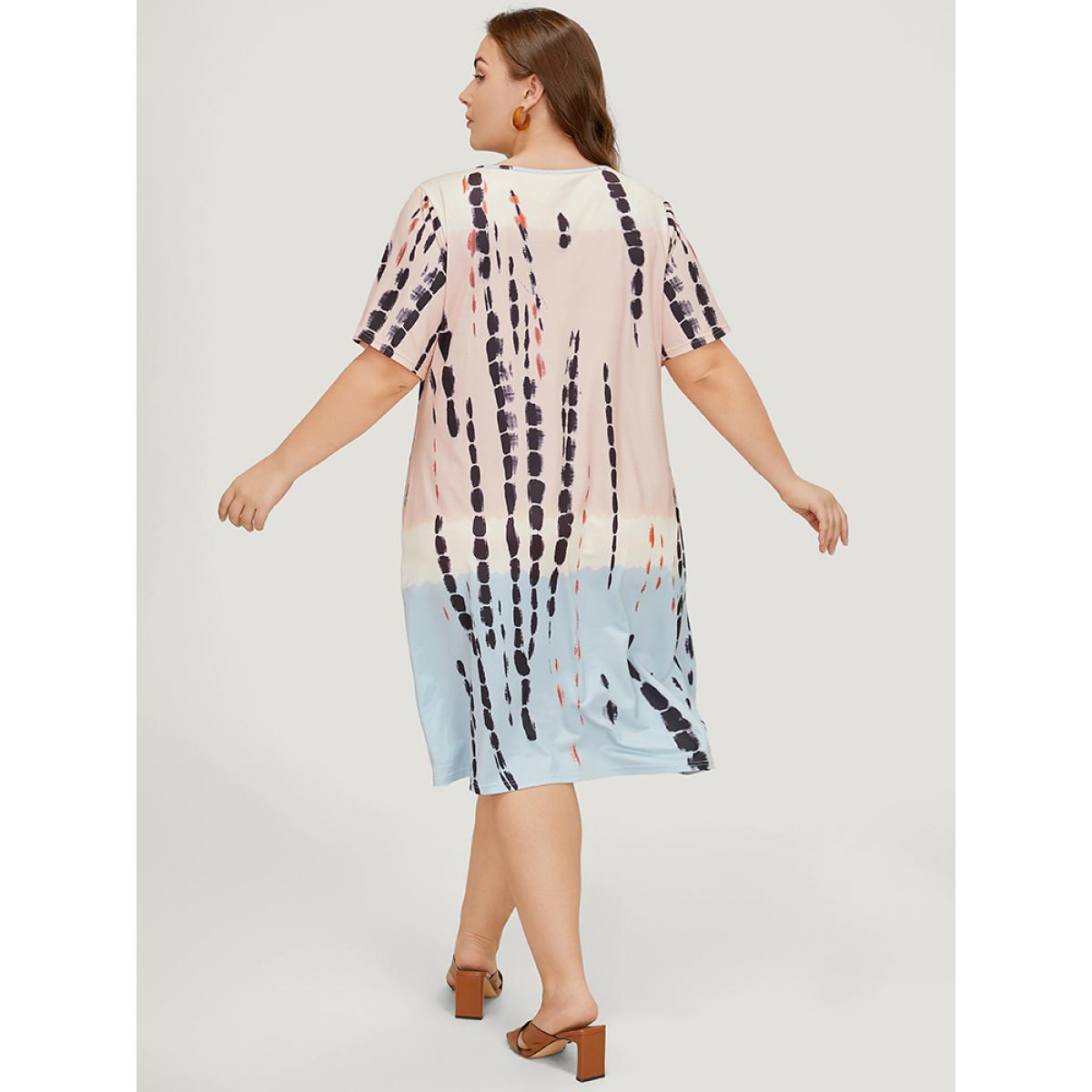 Plus Size Tie Dye Crew Neck Pocket Color Block Contrast Dress Multicolor Women Vacation Contrast Round Neck Short sleeve Curvy Midi Dress BloomChic 14-16/1X Product Image