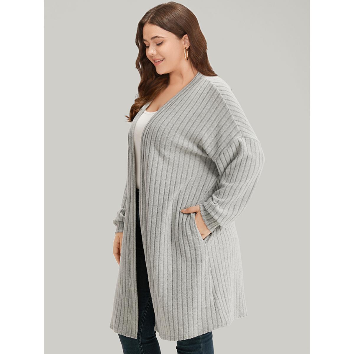 Plus Size Plain Pocket Texture Open Front Kimono Women Gray Casual Texture Pocket Dailywear Kimonos BloomChic 14-16/1X Product Image