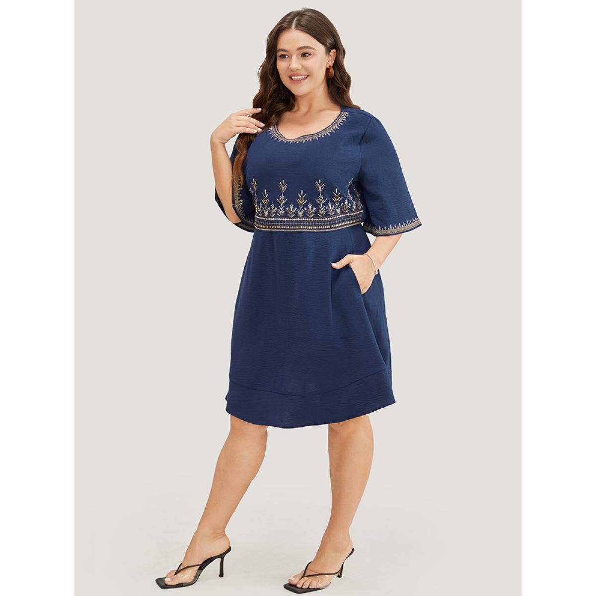 Plus Size Plant Embroidered Pocket Ruffle Sleeve Knee Dress Navy Women Vacation Embroidered Round Neck Short sleeve Curvy Knee Dress BloomChic 12/L Product Image