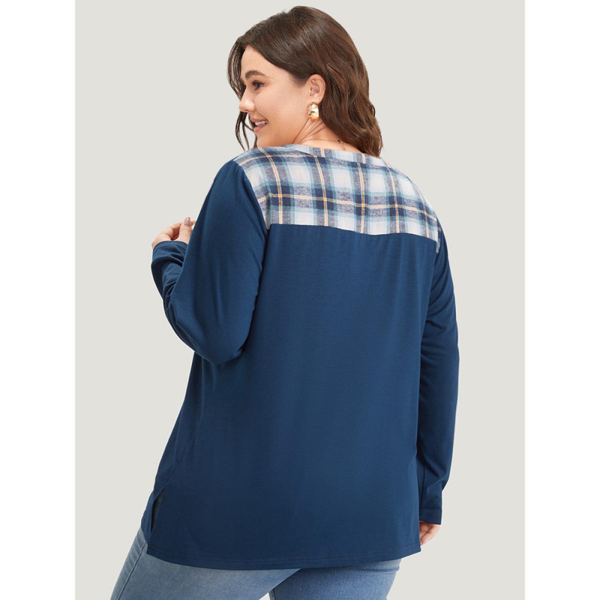 Plus Size Plaid Patchwork V Neck Split Side T-shirt Indigo Women Casual Patchwork Gingham V-neck Dailywear T-shirts BloomChic 26/4X Product Image