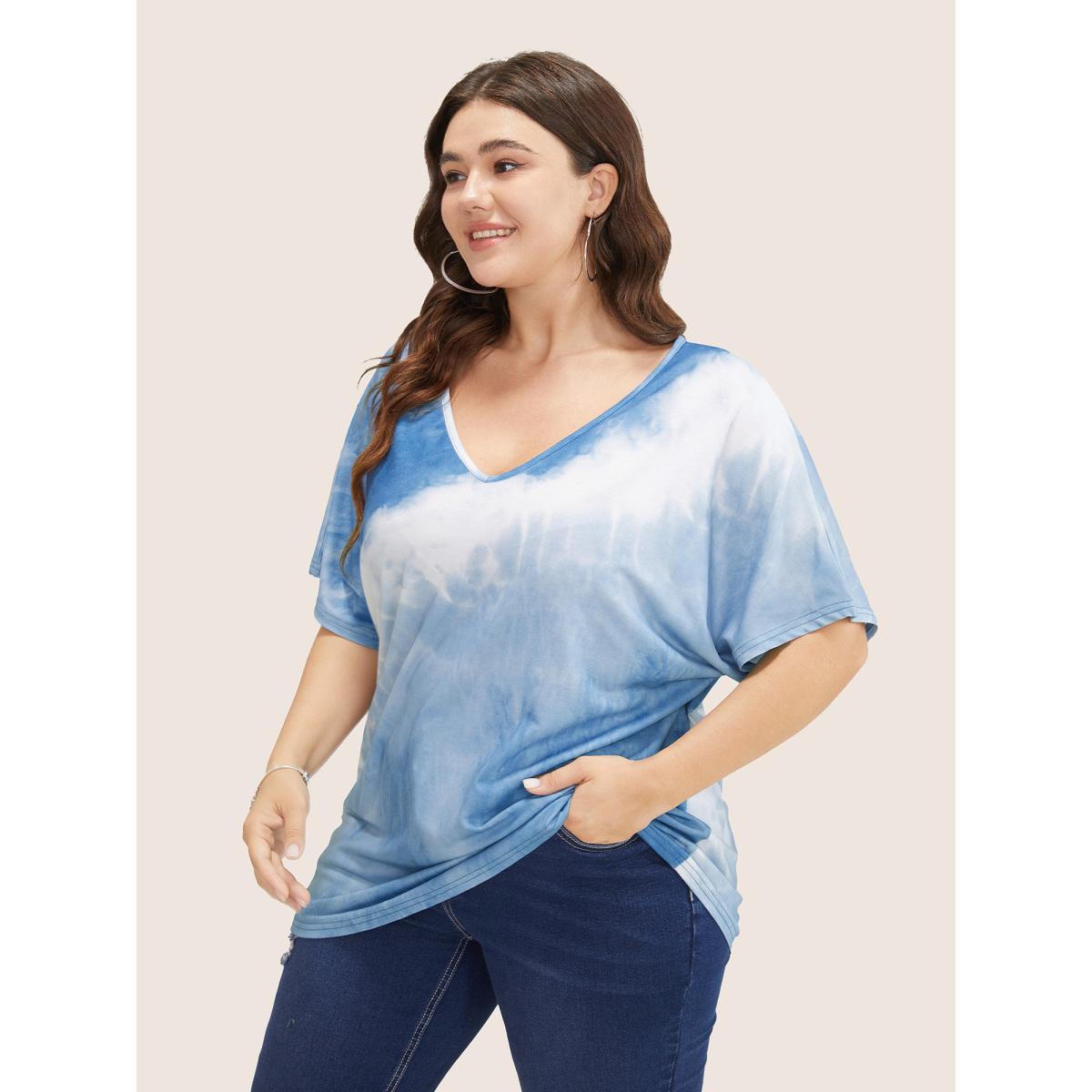 Plus Size Tie Dye Drop Shoulder V Neck T-shirt Stone Women Resort Tie Dye V-neck Vacation T-shirts BloomChic 10/M Product Image