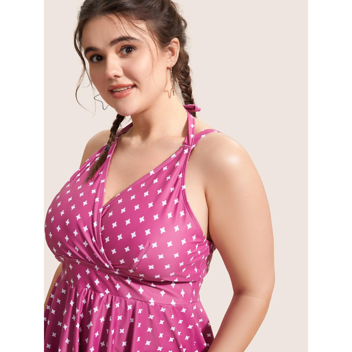 Plus Size Overlap Collar Geometric Tie Knot Swim Dress Women's Swimwear Deeppurplered Beach Bodycon Overlap Collar High stretch Curve Swim Dresses BloomChic 10/M Product Image