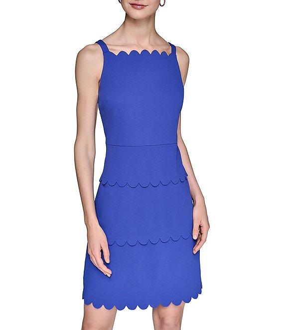 KARL LAGERFELD PARIS Scuba Sleeveless Square Neck Tiered Scalloped Trim Sheath Dress Product Image