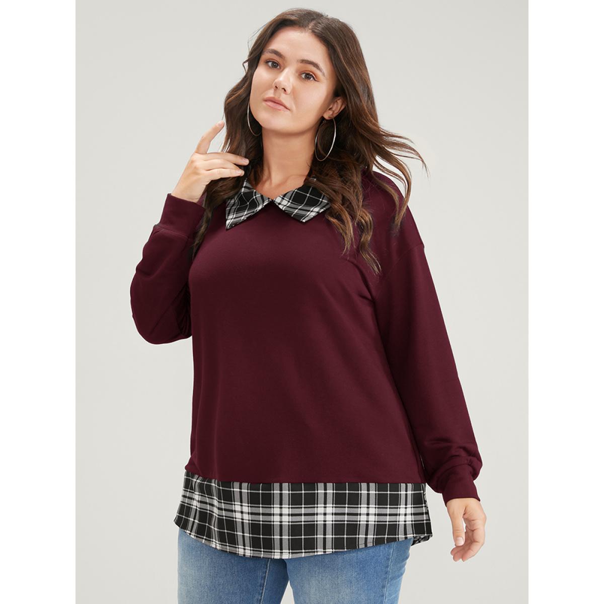 Plus Size Plaid Print Drop Shoulder 2-In-1 Sweatshirt Women Burgundy Casual Lapel Collar Dailywear Sweatshirts BloomChic 10/M Product Image