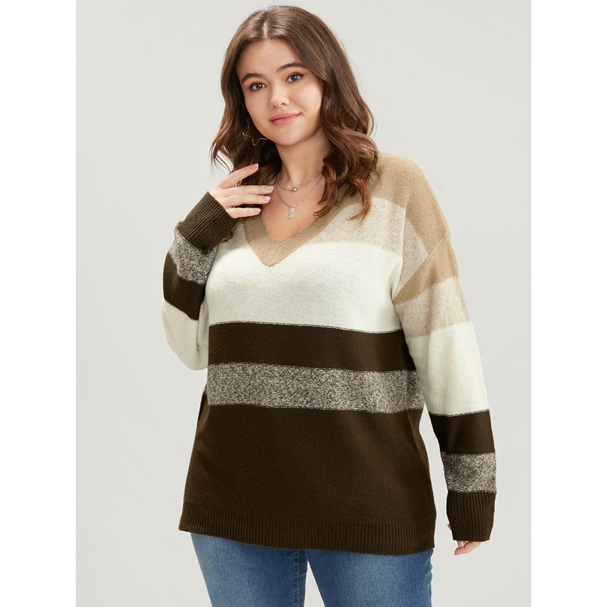 Plus Size Colorblock Contrast Soft Sexy Yarn Knit Fluffy Knit Top Brown Women Casual Loose Long Sleeve V-neck Dailywear Pullovers BloomChic 10/M Product Image