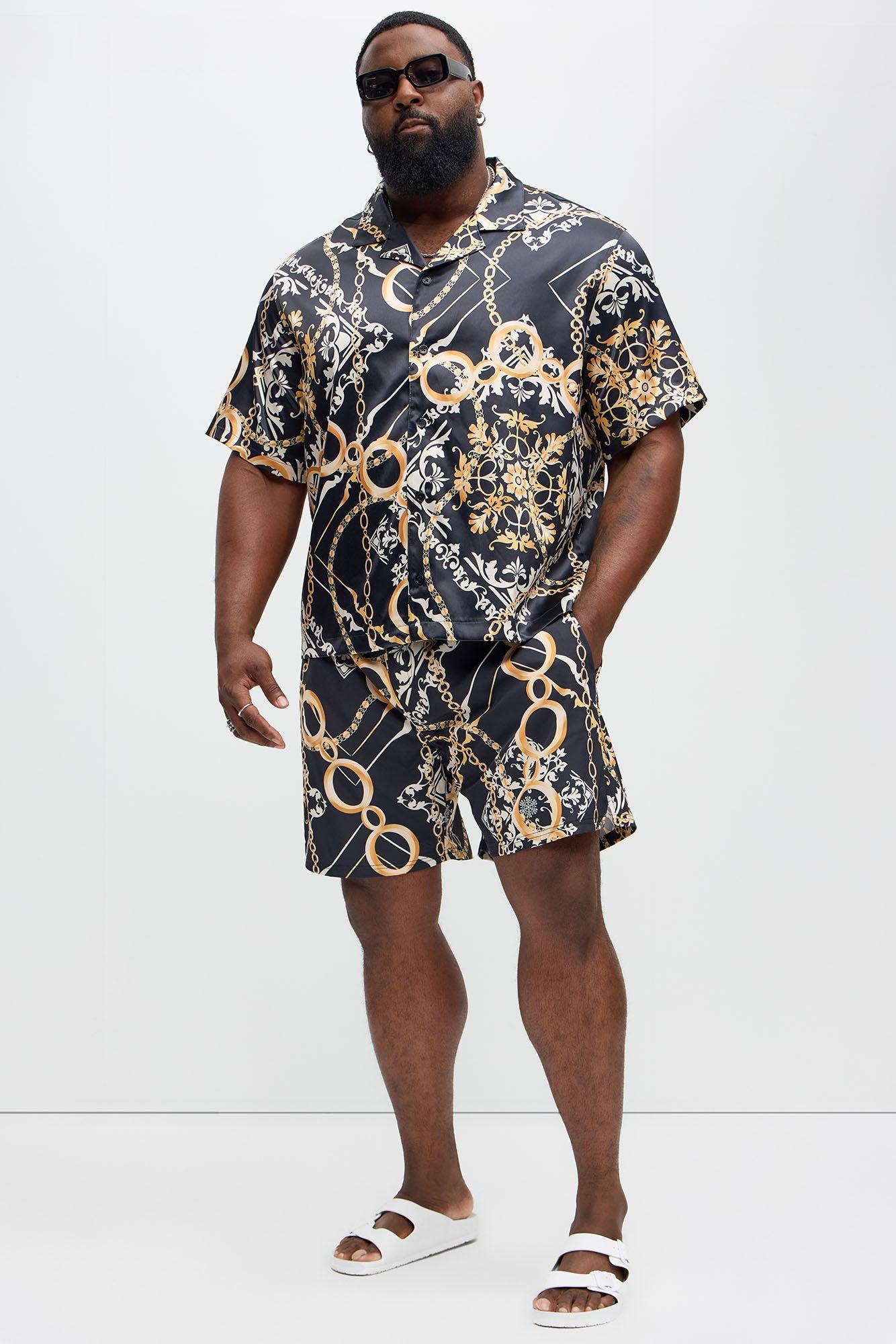 Baroque Chain Cuban Collar Button Up Shirt - Black/Gold Product Image