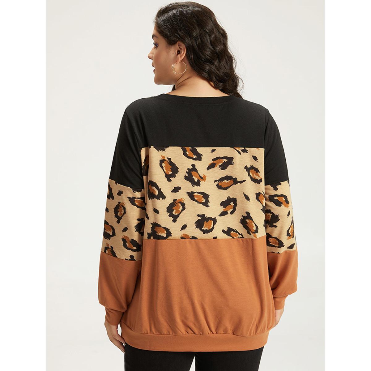 Plus Size Halloween Leopard Patchwork Contrast Sweatshirt Women Multicolor Casual Contrast Round Neck Festival-Halloween Sweatshirts BloomChic 12/L Product Image