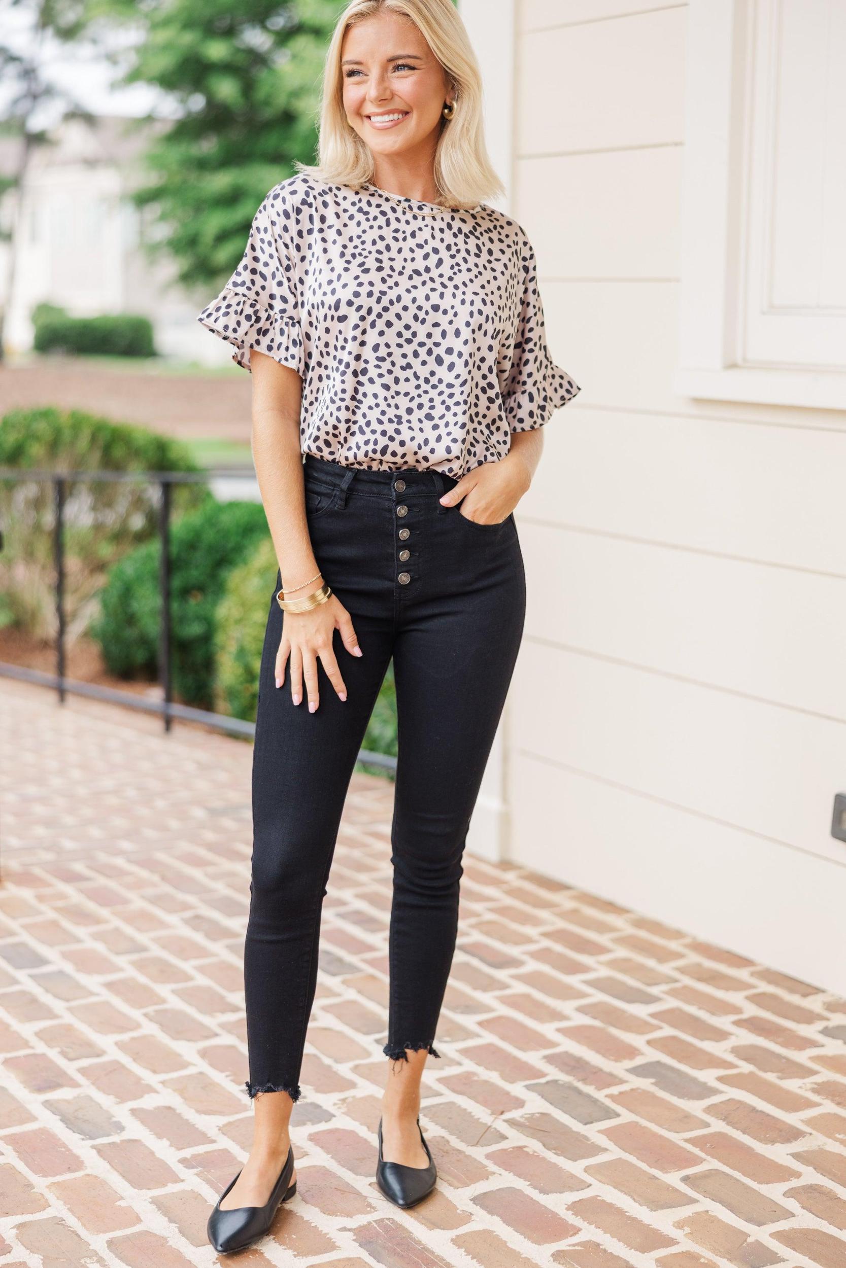 All I Ask Taupe Brown Spotted Leopard Ruffled Top Female Product Image