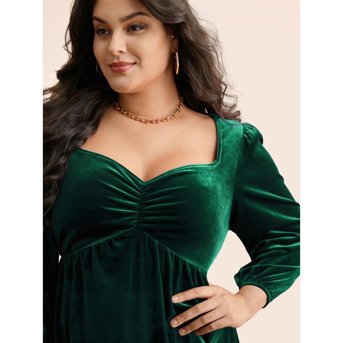 Plus Size DarkGreen Velvet Heart Neckline Gathered Blouse Women Timeless Three Quarter Length Sleeve Heart neckline Elegant Blouses BloomChic 10/M Product Image