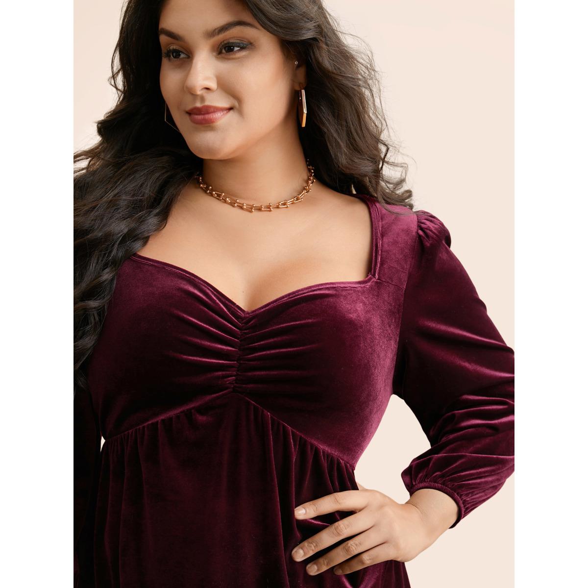 Plus Size Burgundy Velvet Heart Neckline Gathered Blouse Women Timeless Three Quarter Length Sleeve Heart neckline Elegant Blouses BloomChic 22-24/3X Product Image