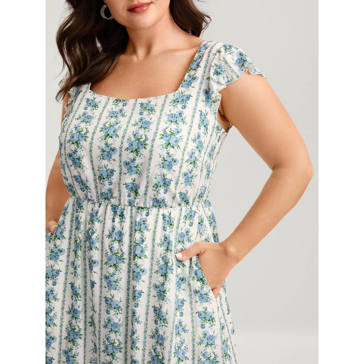 Plus Size Floral Stripe Flutter Sleeve Maxi Dress Mediumblue Women Heart neckline Cap Sleeve Curvy BloomChic 28/5X Product Image