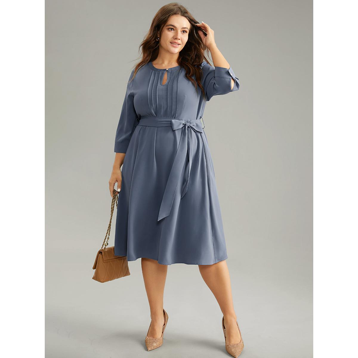 Plus Size Anti-Wrinkle Solid Belted Pleated Keyhole Dress Stone Women Office Plain Keyhole Cut-Out Elbow-length sleeve Curvy Midi Dress BloomChic 10/M Product Image