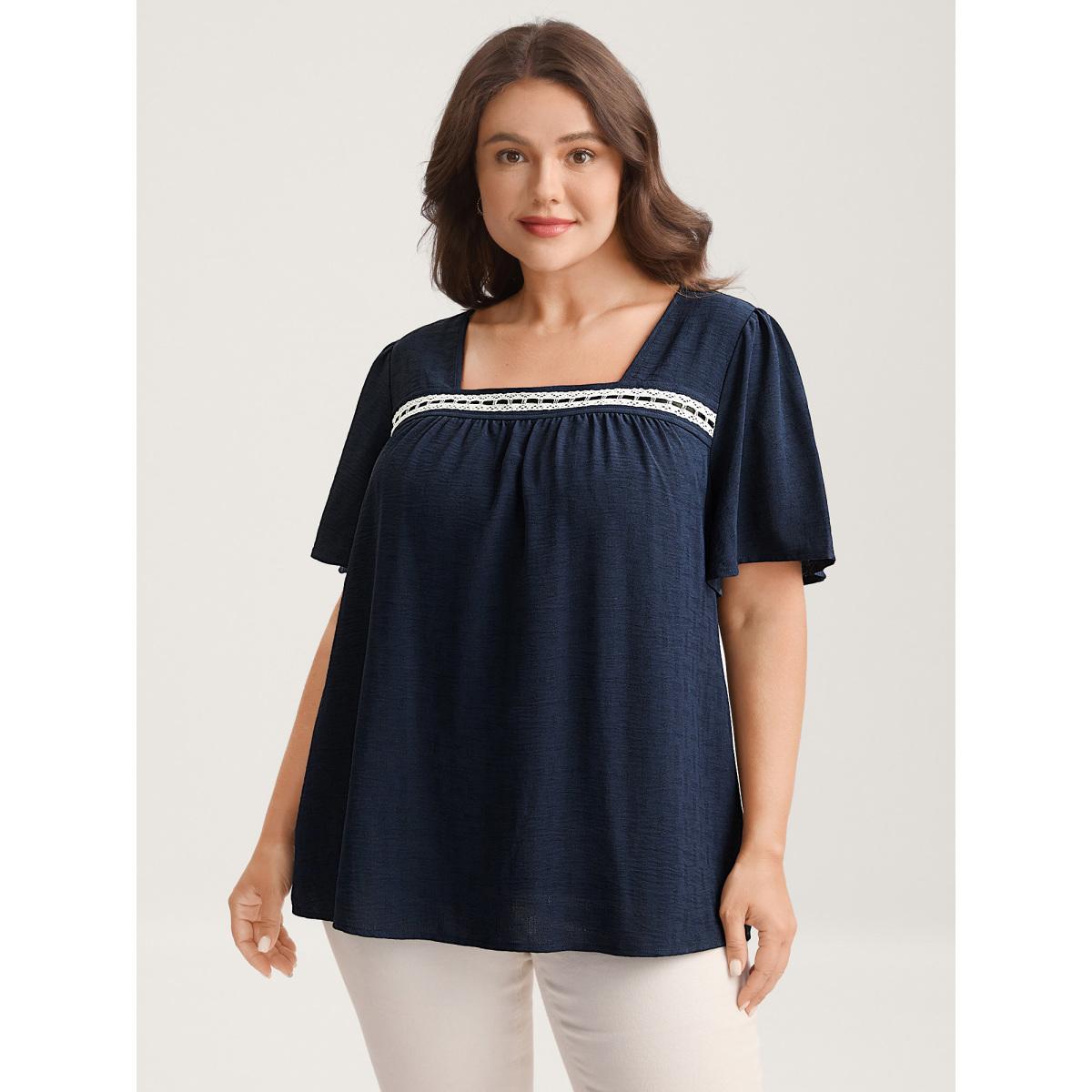 Plus Size Indigo Square Neck Lace Pleated Blouse Women Romantic Short sleeve Square Neck Elegant Blouses BloomChic 12/L Product Image