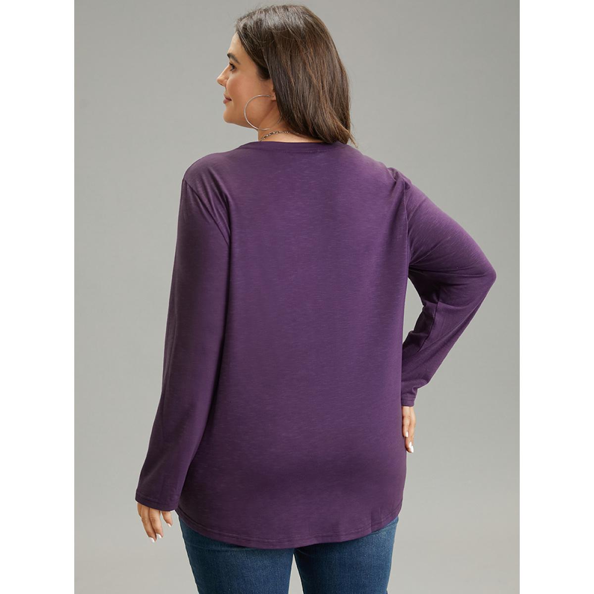 Plus Size Solid Pleated Round Neck T-shirt Purple Women Casual Plain Plain Round Neck Dailywear T-shirts BloomChic 10/M Product Image