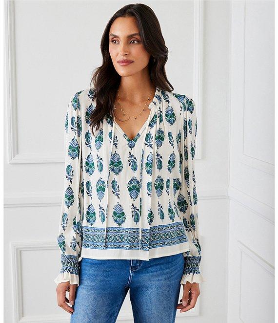 Karen Kane Border Print Split V-Neck Long Sleeve Peasant Top Product Image