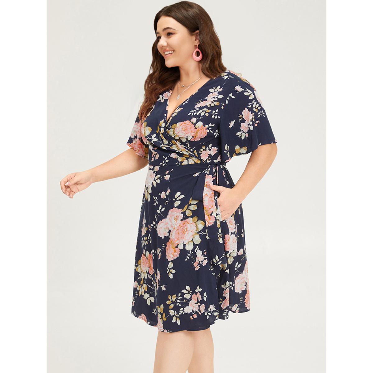 Plus Size Floral Print Pocket Knot Ruffle Sleeve Wrap Dress DarkBlue Women Elegant Wrap V-neck Half Sleeve Curvy Knee Dress BloomChic 30/6X Product Image