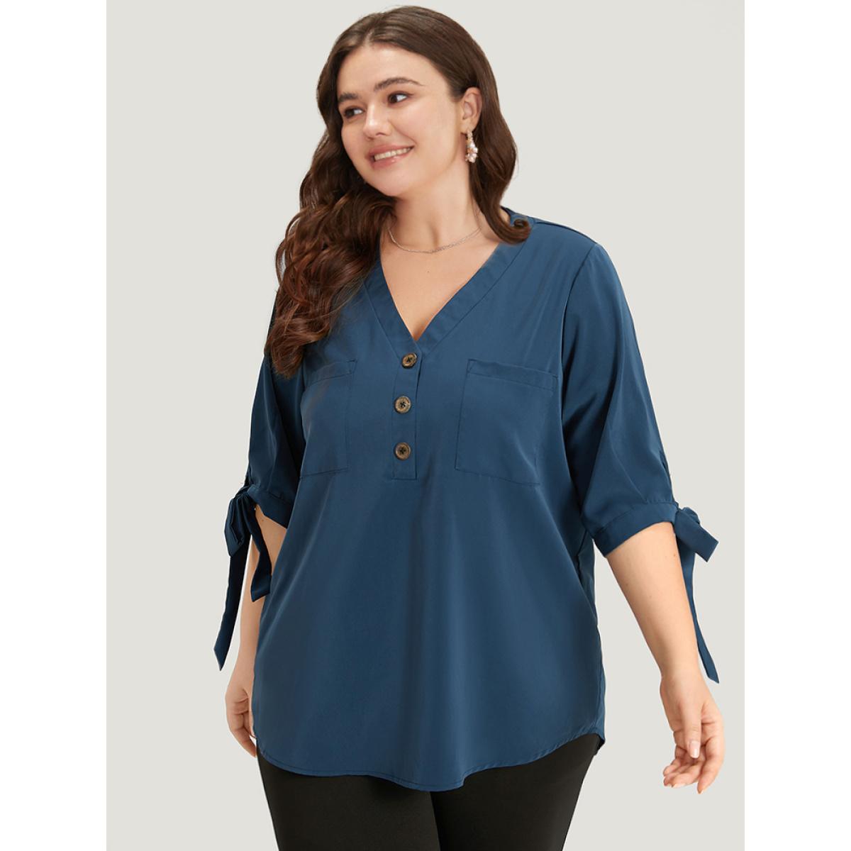 Plus Size Indigo Anti-Wrinkle Plain Button Up Knot V Neck Pocket Blouse Women Office Half Sleeve V-neck Dailywear Blouses BloomChic 30/6X Product Image