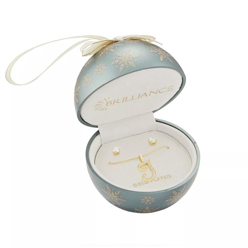 Brilliance Cubic Zirconia Stud Earrings & Bubble Initial Pendant Necklace Set, Womens Silver Tone X Product Image