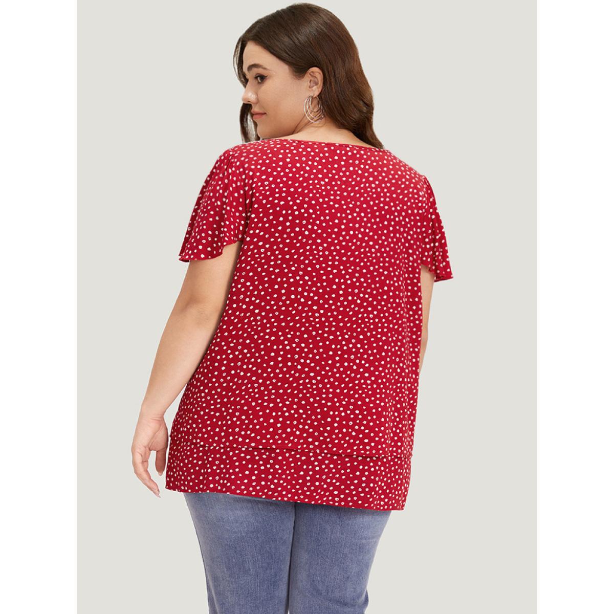 Plus Size Scarlet Polka Dot Keyhole Flutter Sleeve Layered Hem Blouse Women Elegant Short sleeve Keyhole Cut-Out Dailywear Blouses BloomChic 30/6X Product Image
